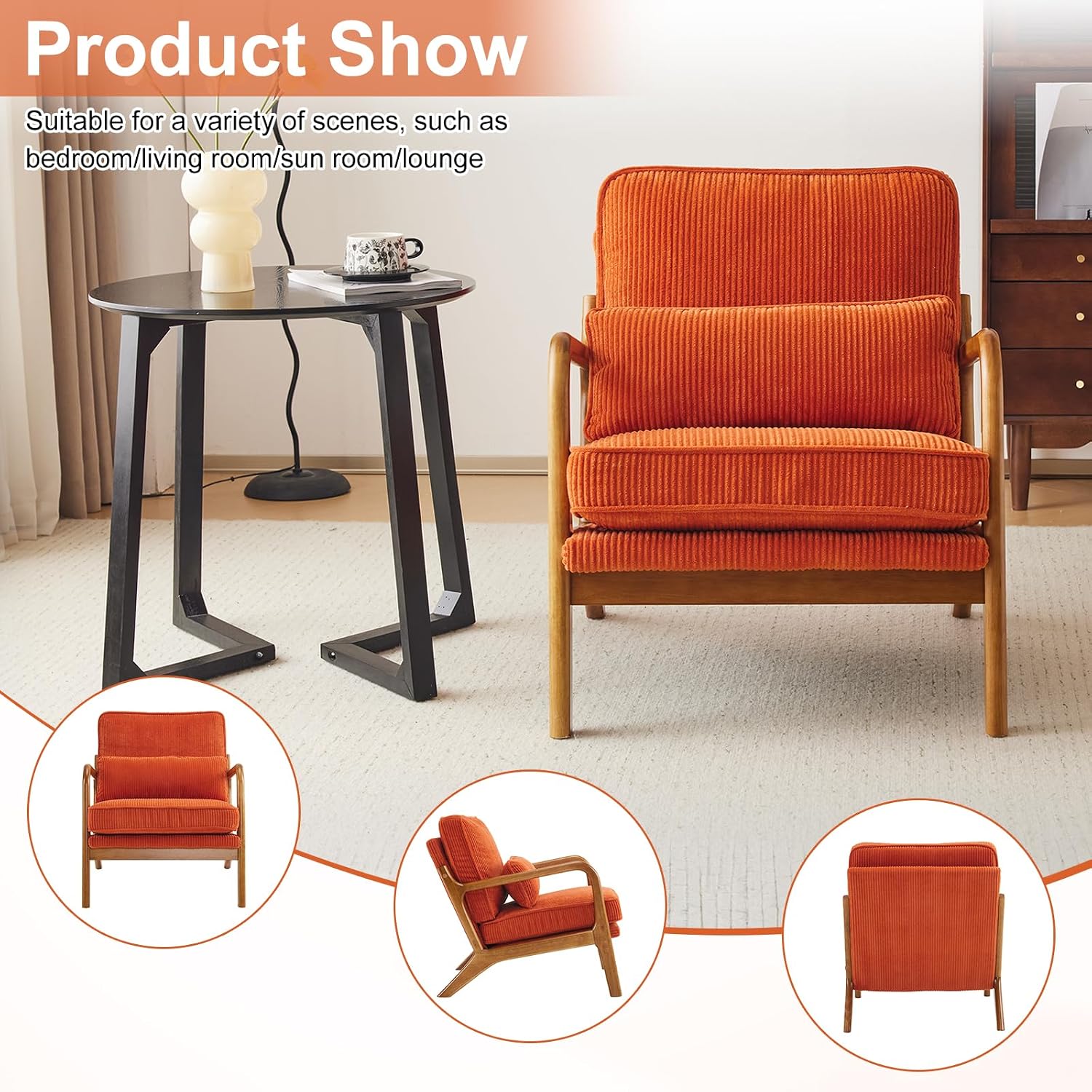 Karl home Mid-Century Modern Accent Chair, Living Room Chairs with Pillow Corduroy Upholstered Lounge Armchair with Solid Wood Frame & Soft Cushion for Bedroom, Reading Room, Orange