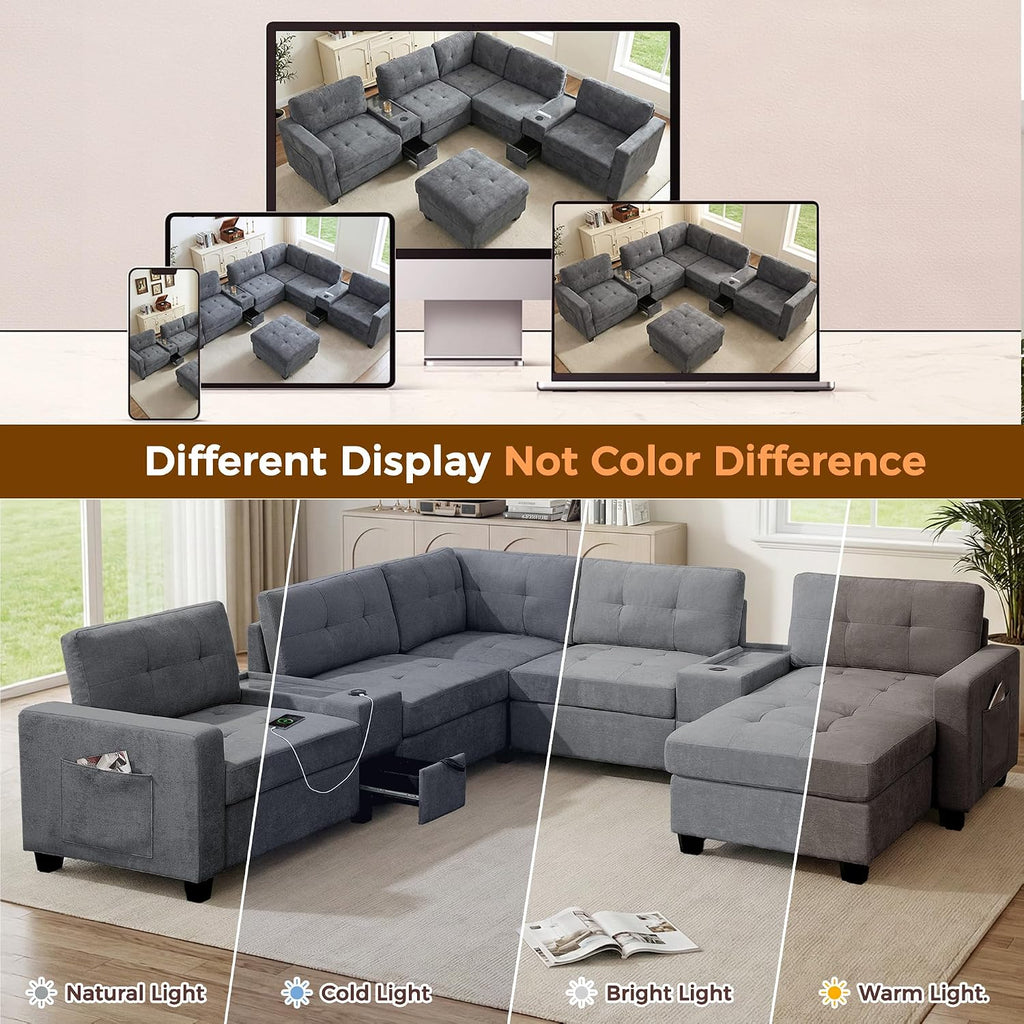 103'' Modular Sectional Sofa couch with 2 Acrylic Consoles, Oversized U Shaped Couch with USB Charger, Storage Drawers,Pockets and Movable Ottoman, Chenille Sectional Couches for Living Room ,Gray