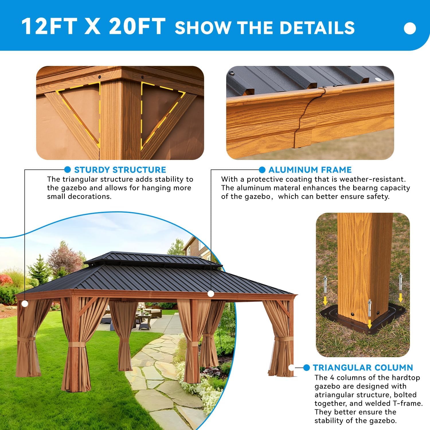 12' x 20' Hardtop Gazebo, Wooden Finish Aluminum Frame with Galvanized Steel Double Roof, Permanent Outdoor Metal Pavilion with Curtains and Netting, Ideal for Backyard, Patio, and Deck