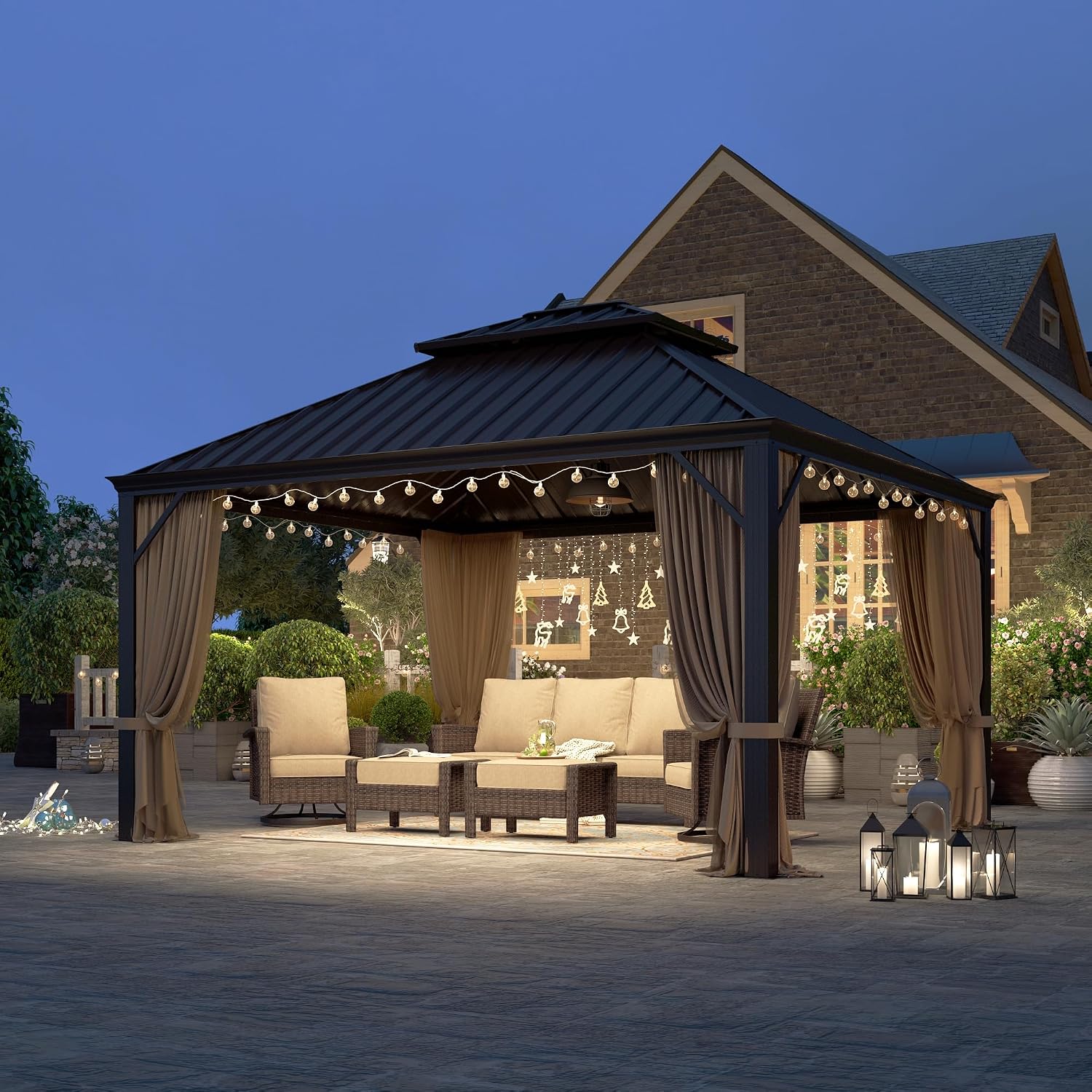 HERA'S HOUSE 12x14ft Hardtop Gazebo, Aluminum Metal Gazebo with Galvanized Steel Double Roof Canopy, Curtain and Netting, Permanent Pavilion for Patio Backyard Deck Lawn