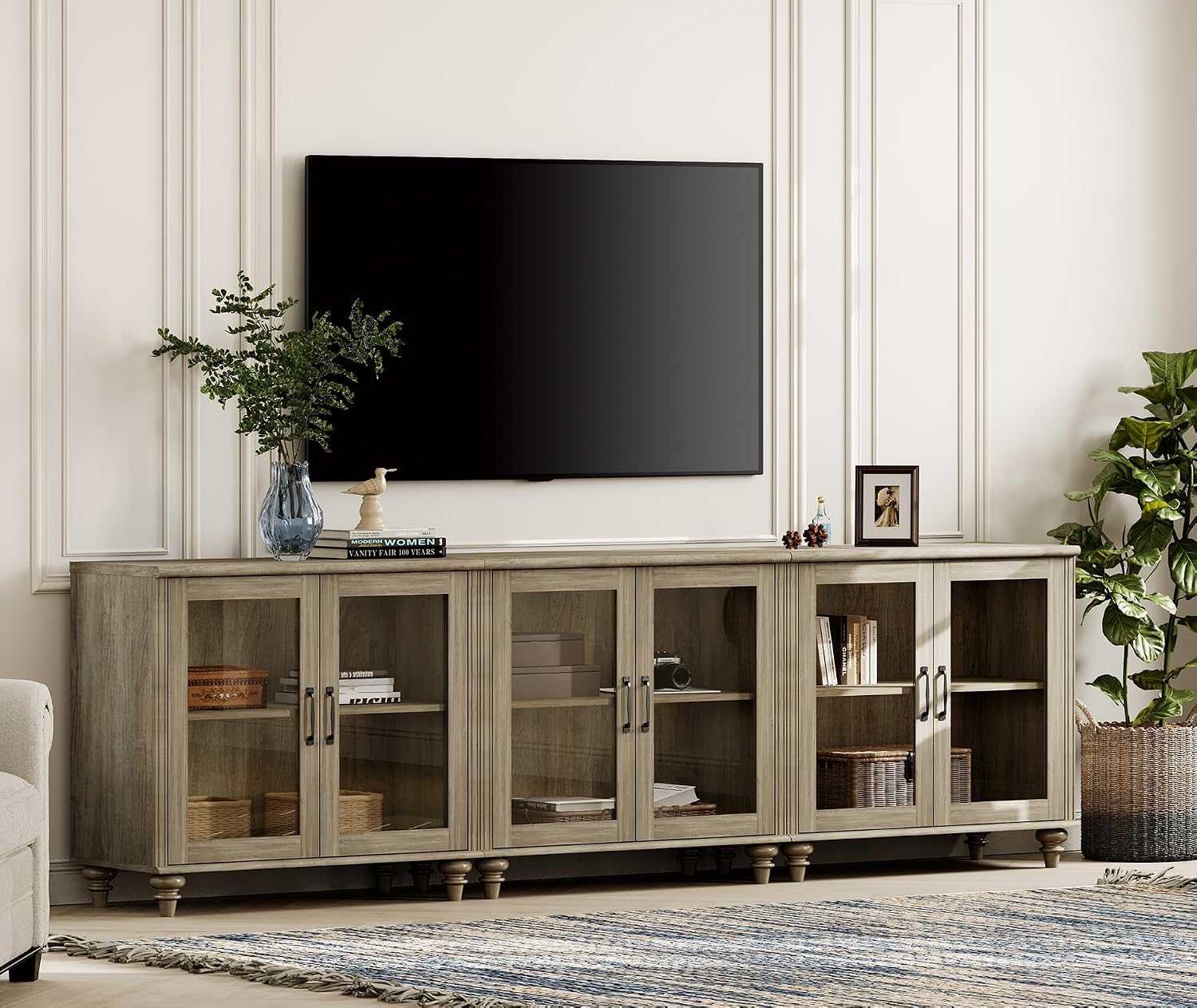 WAMPAT 100 Inch TV Stand with Glass Door, Wood TV Cabinet Entertainment Center for 75/80/85 Inch TV, 3-in-1 Kitchen Buffet Cabinet with 6 Storage Cabinets for Dining Room & Living Room, Wash Grey
