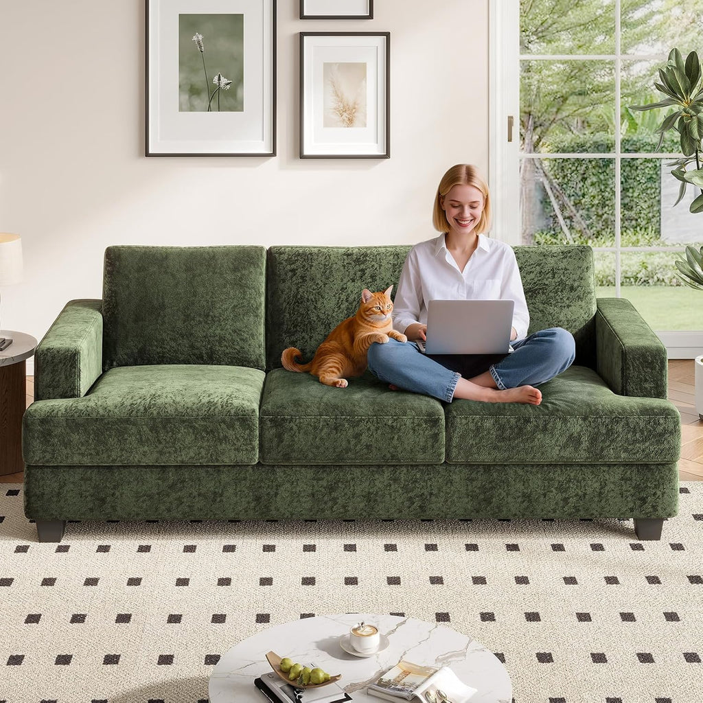 COPIAE 89 Inch Sofa with Extra Deep Seats Oversize,3 Seater Sofa for Living Room, Modern Couch and Sofa, Comfy Armrests and Seats and Backrests, Easy Installation,Chenille Fabric Green