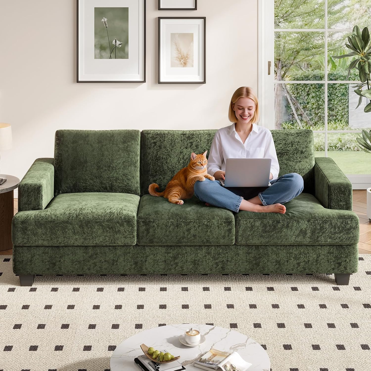 COPIAE 89 Inch Sofa with Extra Deep Seats Oversize,3 Seater Sofa for Living Room, Modern Couch and Sofa, Comfy Armrests and Seats and Backrests, Easy Installation,Chenille Fabric Green