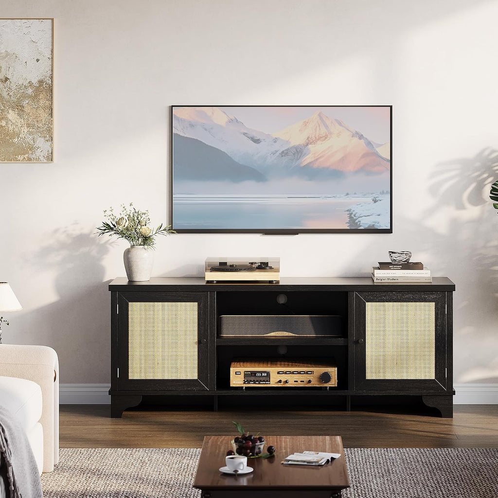 GarveeHome Rattan TV Stand for Living Room, Boho Entertainment Center for 55, 65 in TV, TV Console Cabinet with Storage Shelf, Black