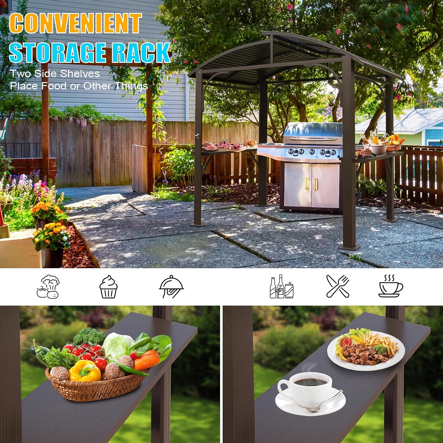 8x5 Grill Gazebo, Outdoor BBQ Gazebo with Double Galvanized Steel Roof, Barbeque Hardtop Grill Gazebo with 2 Side Shelves and Bottle Opener, Metal Grilling Gazebo for Patio, Garden, Backyard (Brown)