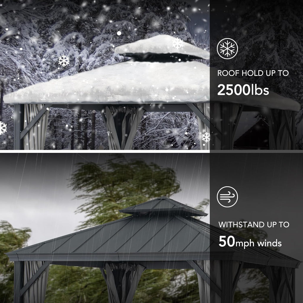 Sunjoy 10 ft. x 10 ft. Hardtop Gazebo, Outdoor Aluminum Frame, 2-Tier Steel Hardtop Backyard Gazebo with Netting, Curtain and Ceiling Hook by SummerCove