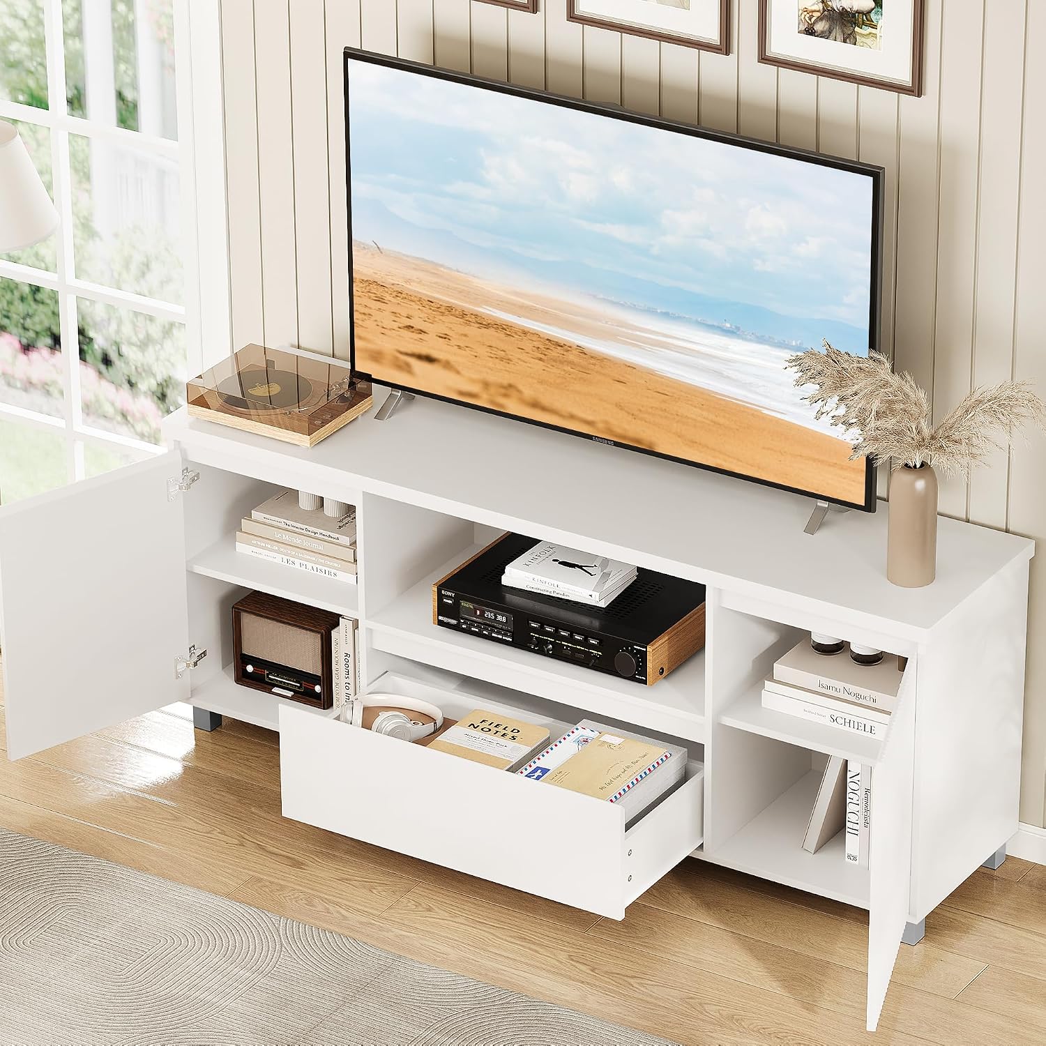 IDEALHOUSE 63in TV Stand for TVs Up to 70', Fluted Entertainment Center with Storage Drawer and Open Shelves, Modern TV Console Media Cabinet for Living Room, Bedroom