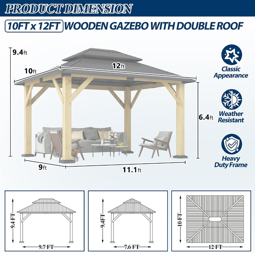 COVERONICS 10FT x 12FT Outdoor Wood Gazebo - Galvanized Steel Hardtop Gazebo with Heavy-Duty Double Roof, Outdoor Wooden Hard Top Gazebo for Garden, Poolside, Deck, Backyard