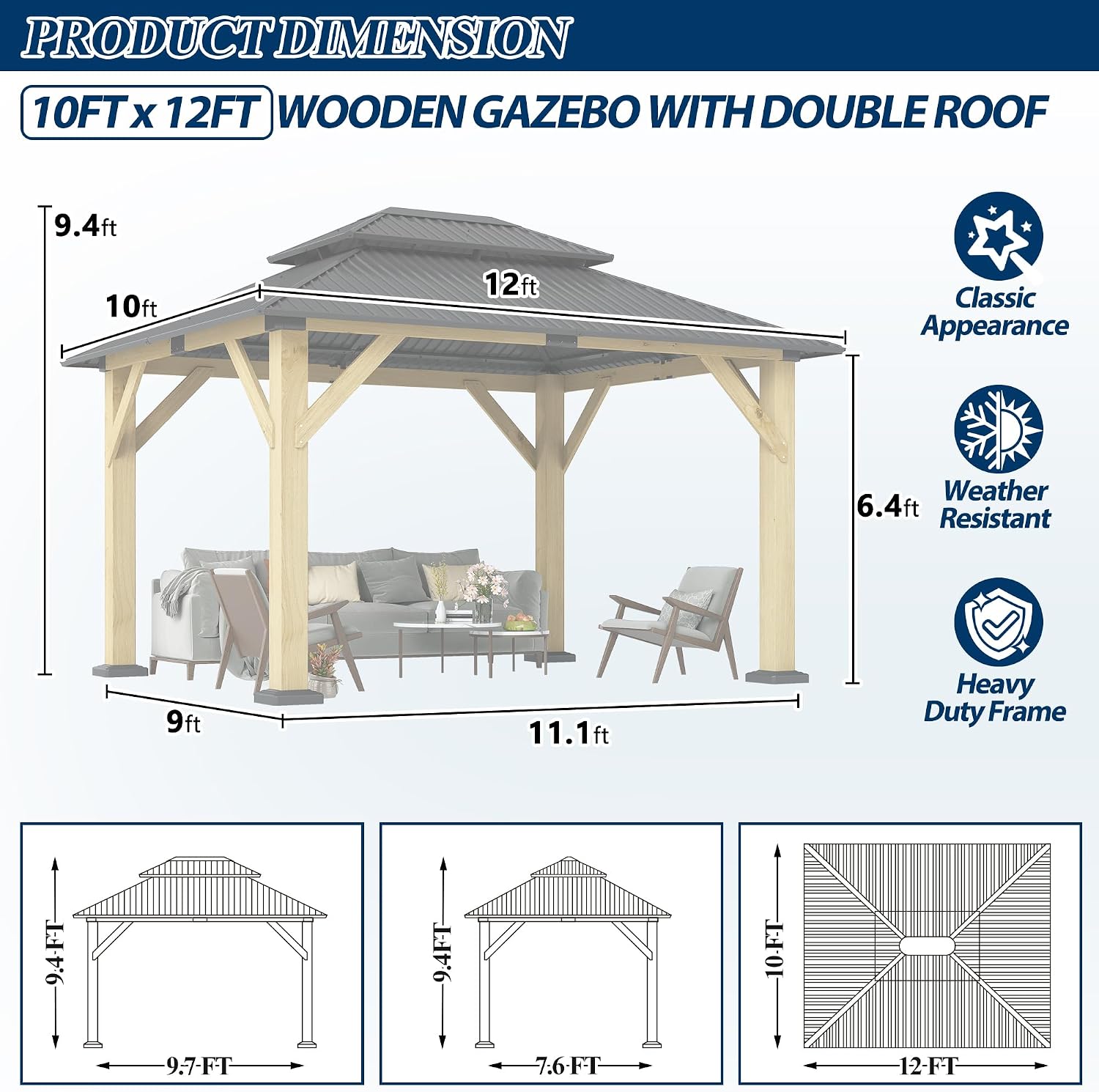 COVERONICS 10FT x 12FT Outdoor Wood Gazebo - Galvanized Steel Hardtop Gazebo with Heavy-Duty Double Roof, Outdoor Wooden Hard Top Gazebo for Garden, Poolside, Deck, Backyard
