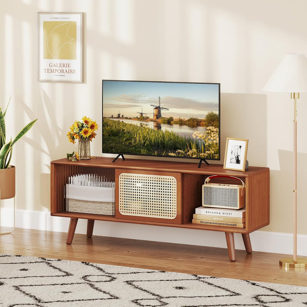 Tangkula Mid Century Modern TV Stand for TVs up to 55', Bamboo Entertainment Center w/PE Rattan & Tempered Glass Sliding Doors, Adjustable Shelf, Media Console for Living Room, Walnut