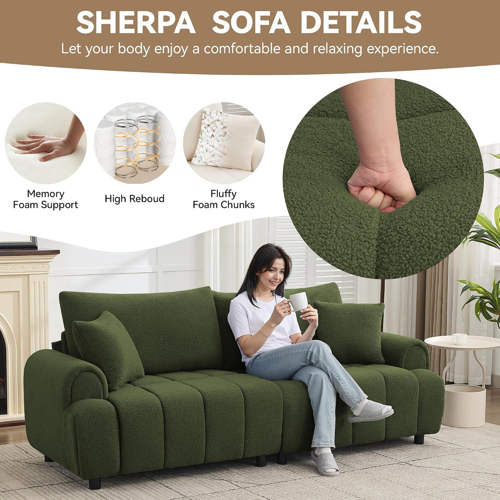 88 'Modern Boucle Sofa Couch, Oversized Comfy 3 Seater Sherpa Curved Sofas Deep Seat, Upholstered Loveseat Teddy Round Arm Couches for Living Room, Bedroom, Green