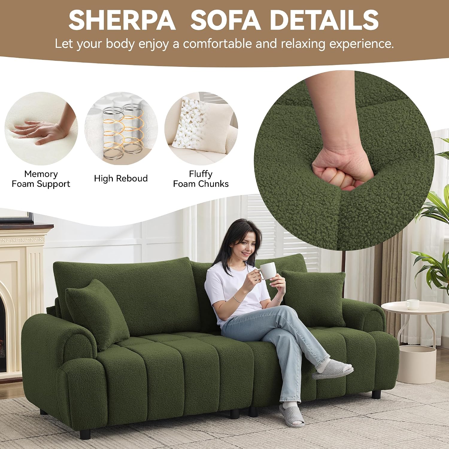 88 'Modern Boucle Sofa Couch, Oversized Comfy 3 Seater Sherpa Curved Sofas Deep Seat, Upholstered Loveseat Teddy Round Arm Couches for Living Room, Bedroom, Green