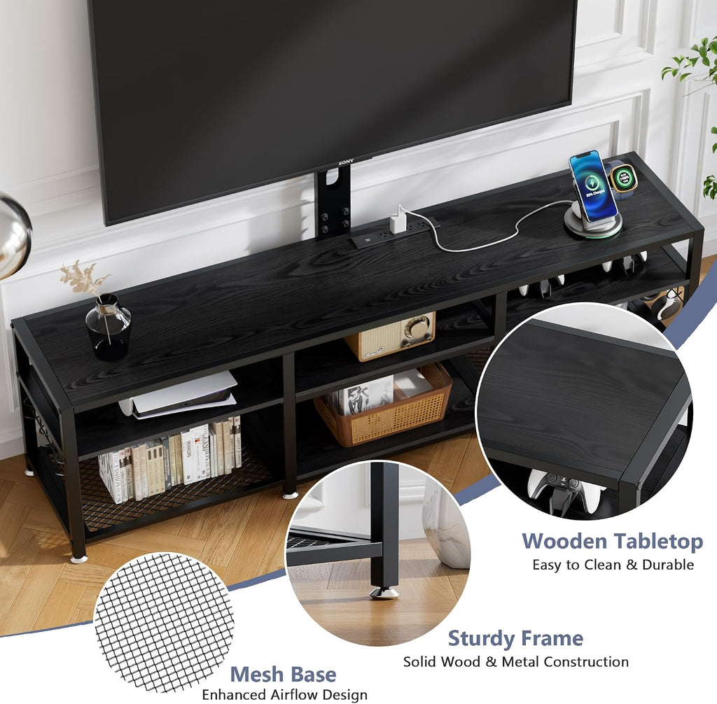 VECELO TV Stand with Mount and Power Outlets, Entertainment Center for 60/65/70/75/80 inch TVs, Height Adjustable Media Console with Storage Shelves, for Living Room, Bedroom, Black