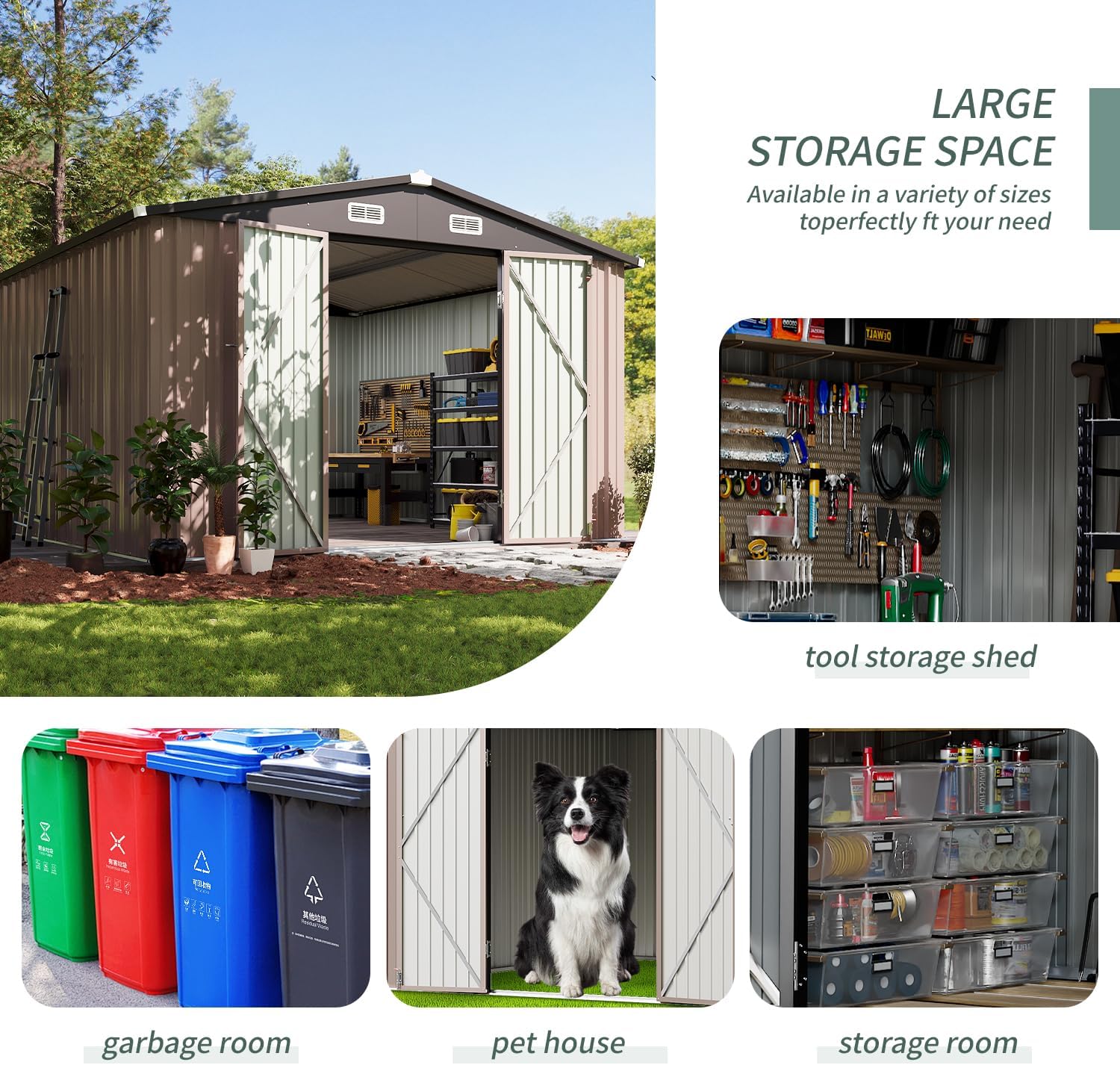 10'x10' Brown Metal Tool Shed (Without Base) Double-Door, Vent Windows,Garden, Patio, Lawn, Poolside
