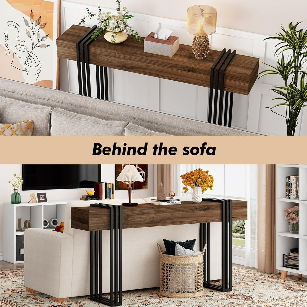 knoworld 63 Inch Console Table for Entryway, Industrial Sofa Tables Couch Table Behind Sofa for Living Room Hallway Foyer, Walnut