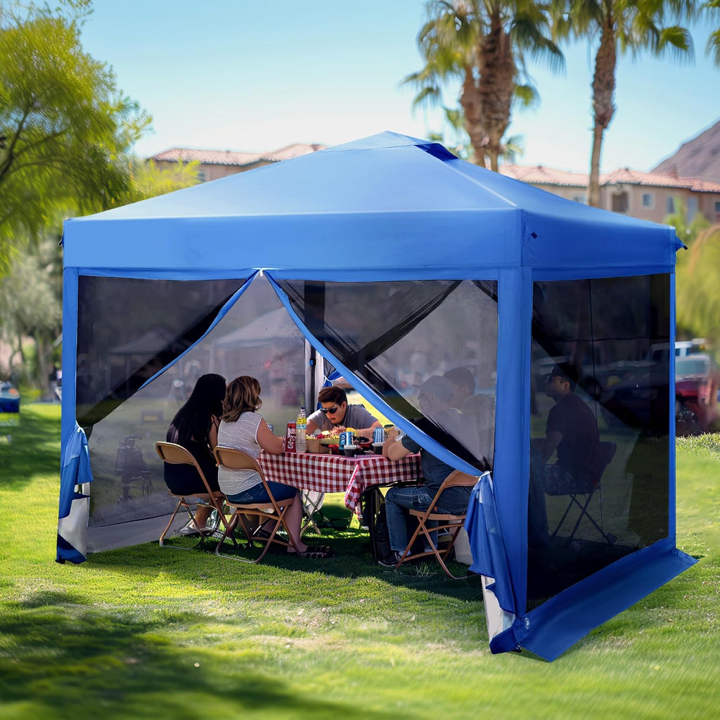 PHI VILLA 10 x 10 Pop Up Canopy Tent with Netting, Instant Gazebo, Ez up Screen House Room with Carry Bag, Height Adjustable, for Outdoor, Garden, Patio,Blue