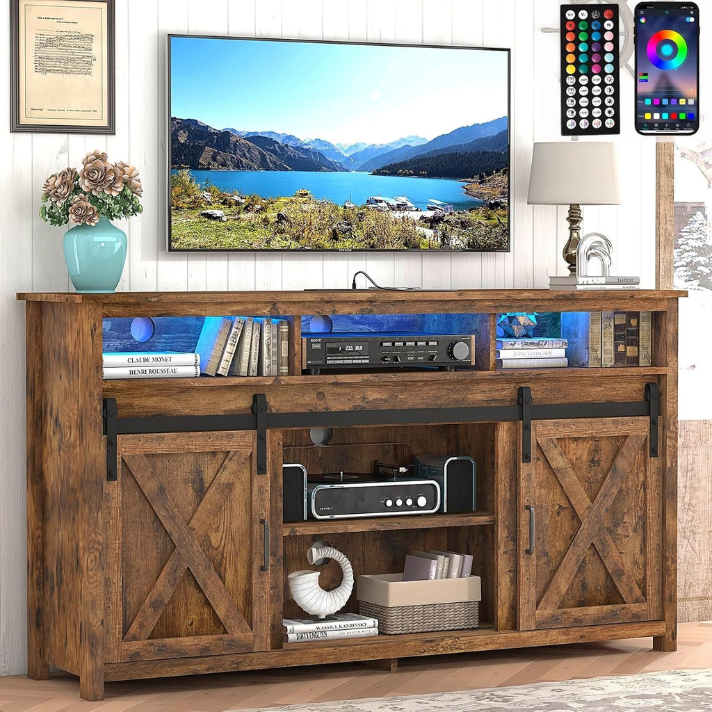 Vinctik 6&Fox 57In Wooden Farmhouse Entertainment Center for 60/65 inch TV,Double Layer Storage Farmhouse TV Stand,Double-Row Sockets with Wood Sliding Barn Door TV Stand, Double Layer Vintage Brown