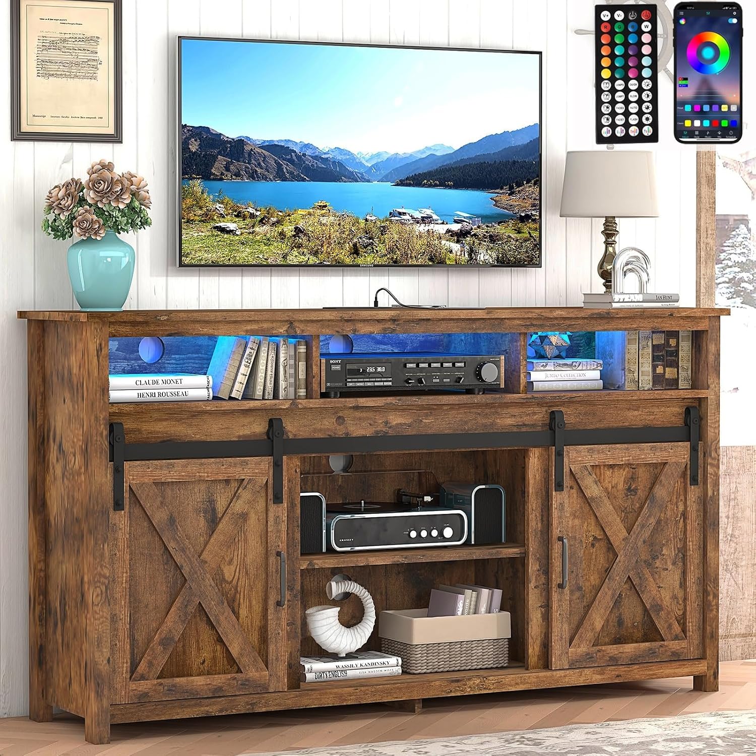 Vinctik 6&Fox 57In Wooden Farmhouse Entertainment Center for 60/65 inch TV,Double Layer Storage Farmhouse TV Stand,Double-Row Sockets with Wood Sliding Barn Door TV Stand, Double Layer Vintage Brown
