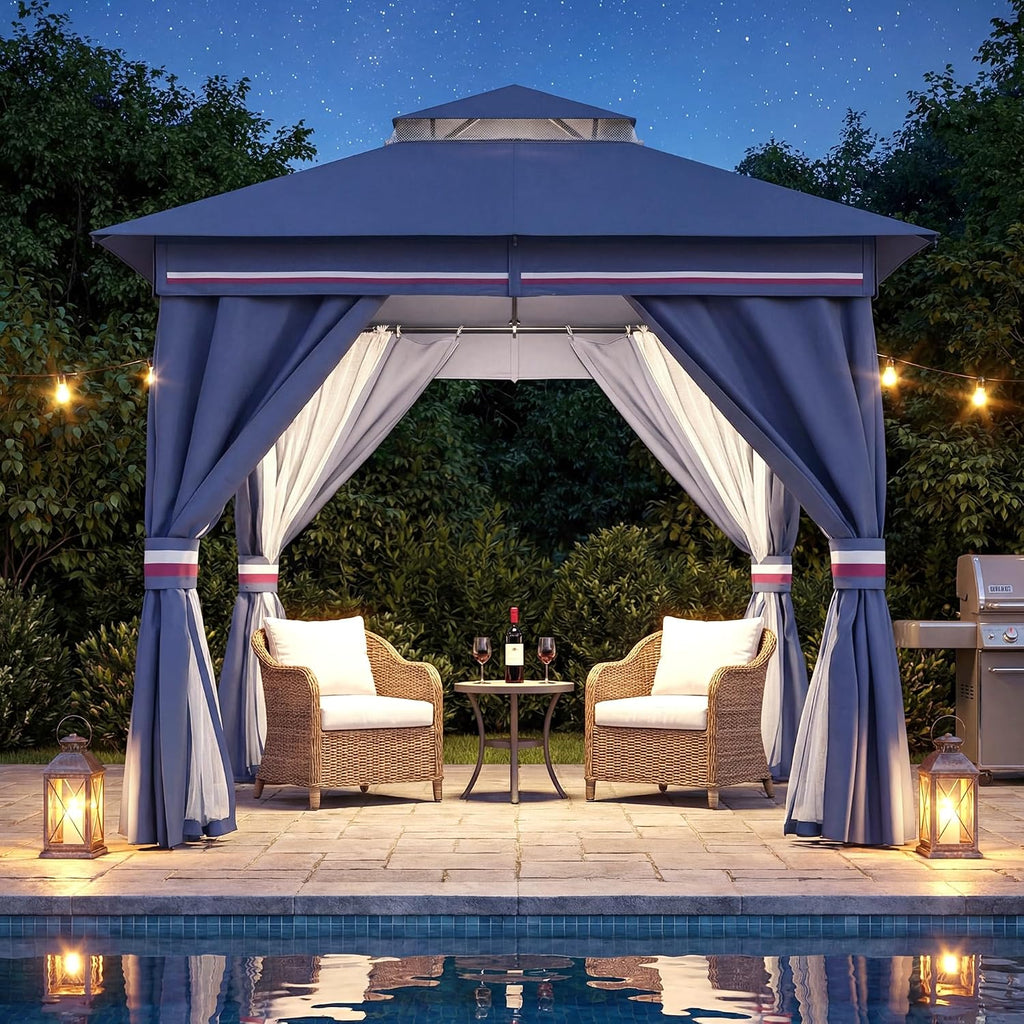 LAUSAINT HOME 8'x8' Outdoor Gazebo with 50FT String Lights, Metal Heavy Duty Patio Canopy Tent with Double Roofs, Mosquito Nettings and Privacy Screens for Backyard, Garden, Lawn, Classic Blue