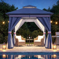 LAUSAINT HOME 8'x8' Outdoor Gazebo with 50FT String Lights, Metal Heavy Duty Patio Canopy Tent with Double Roofs, Mosquito Nettings and Privacy Screens for Backyard, Garden, Lawn, Classic Blue