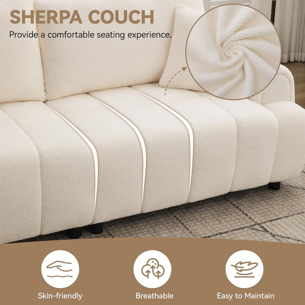 88 'Modern Boucle Sofa Couch, Oversized Comfy 3 Seater Sherpa Curved Sofas Deep Seat, Upholstered Loveseat Teddy Round Arm Couches for Living Room, Bedroom, Beige
