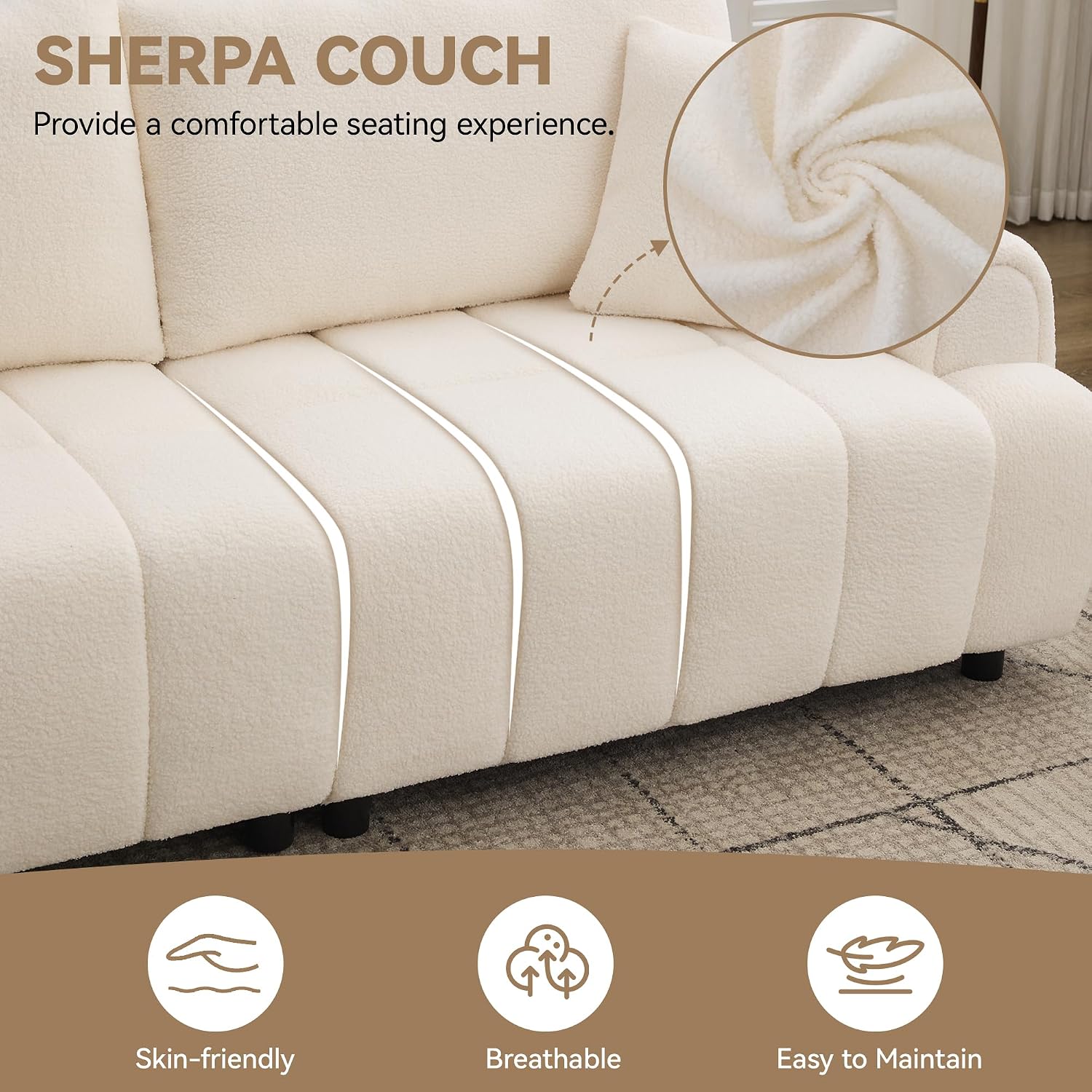 88 'Modern Boucle Sofa Couch, Oversized Comfy 3 Seater Sherpa Curved Sofas Deep Seat, Upholstered Loveseat Teddy Round Arm Couches for Living Room, Bedroom, Beige