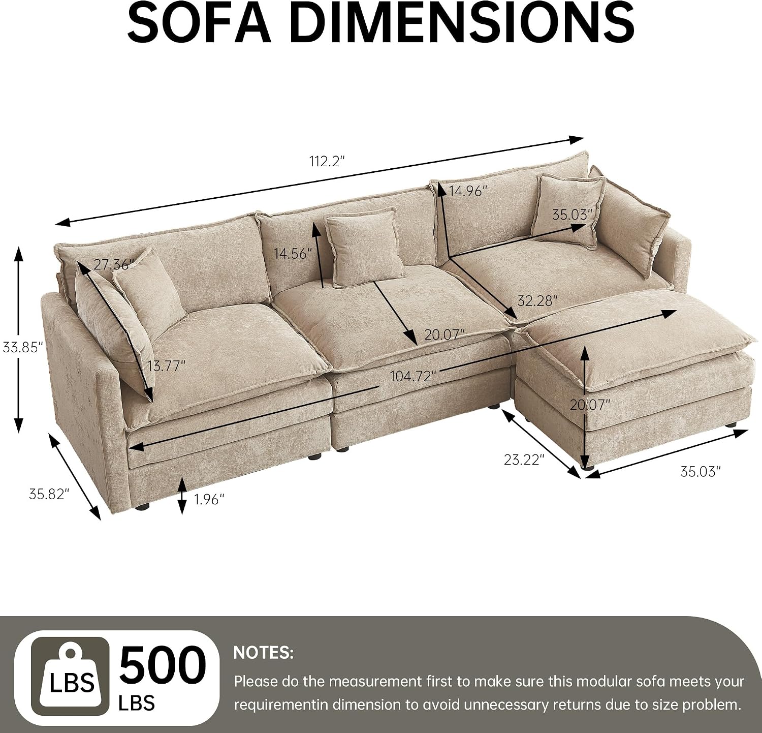 Modular Sectional Sofa, 112.2 Inch L Shaped Couch Set with Armrests, 3-Seater Comfy Cloud Couches for Living Room Apartment, Coffee