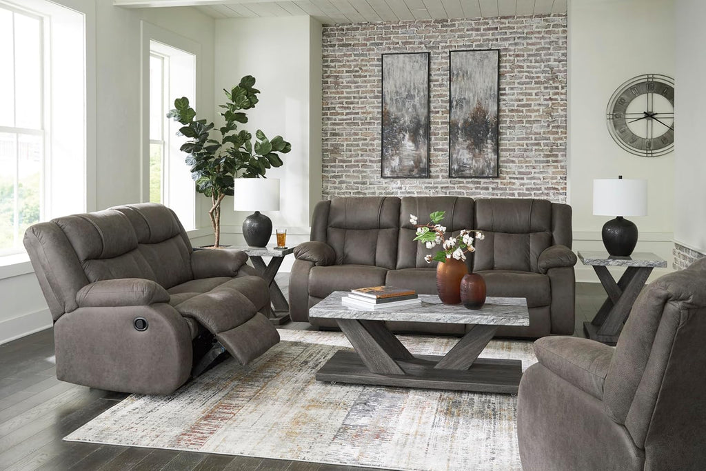 Signature Design by Ashley First Base Contemporary Faux Leather Manual Reclining Loveseat, Gray