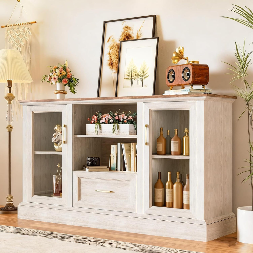 Farmhouse TV Stand for 55/60/65 Inch TV, Tall Media Console with 2 Glass Doors & 3 Adjustable Shelves, Wood Entertainment Center with Cubbies & Drawers for Living Room, Rustic White