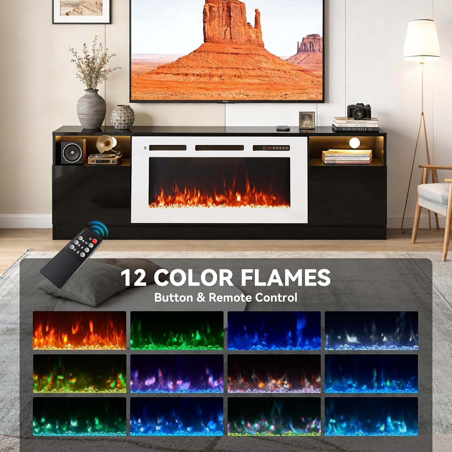 70' Fireplace TV Stand, LED Light Entertainment Center for TVs Up to 80', High-Gloss Door, Modern TV Console for Living Room with Storage Cabinet, Black+White