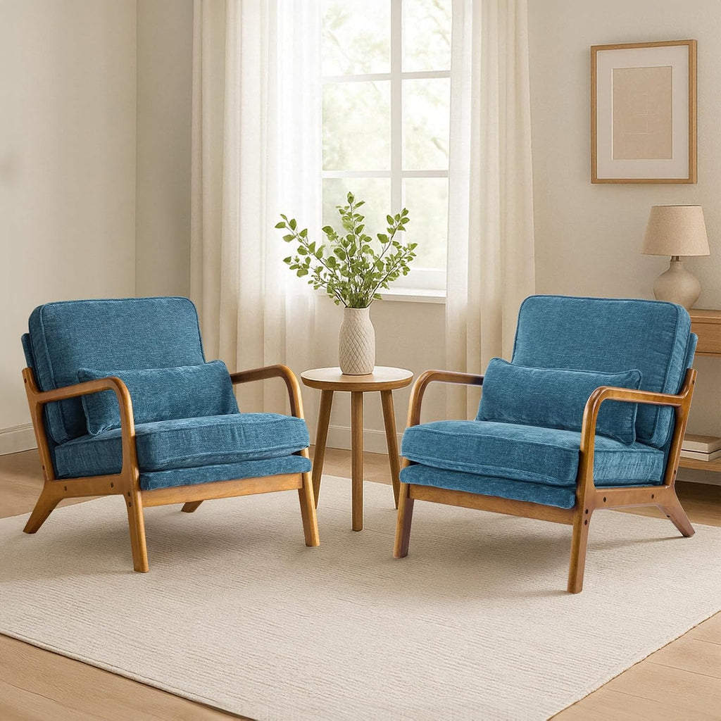 Karl home Mid Century Modern Accent Chair with Lumbar Pillow & Oak Arms – Plush Chenille Living Room Chair for Bedroom, Lounge (Blue)