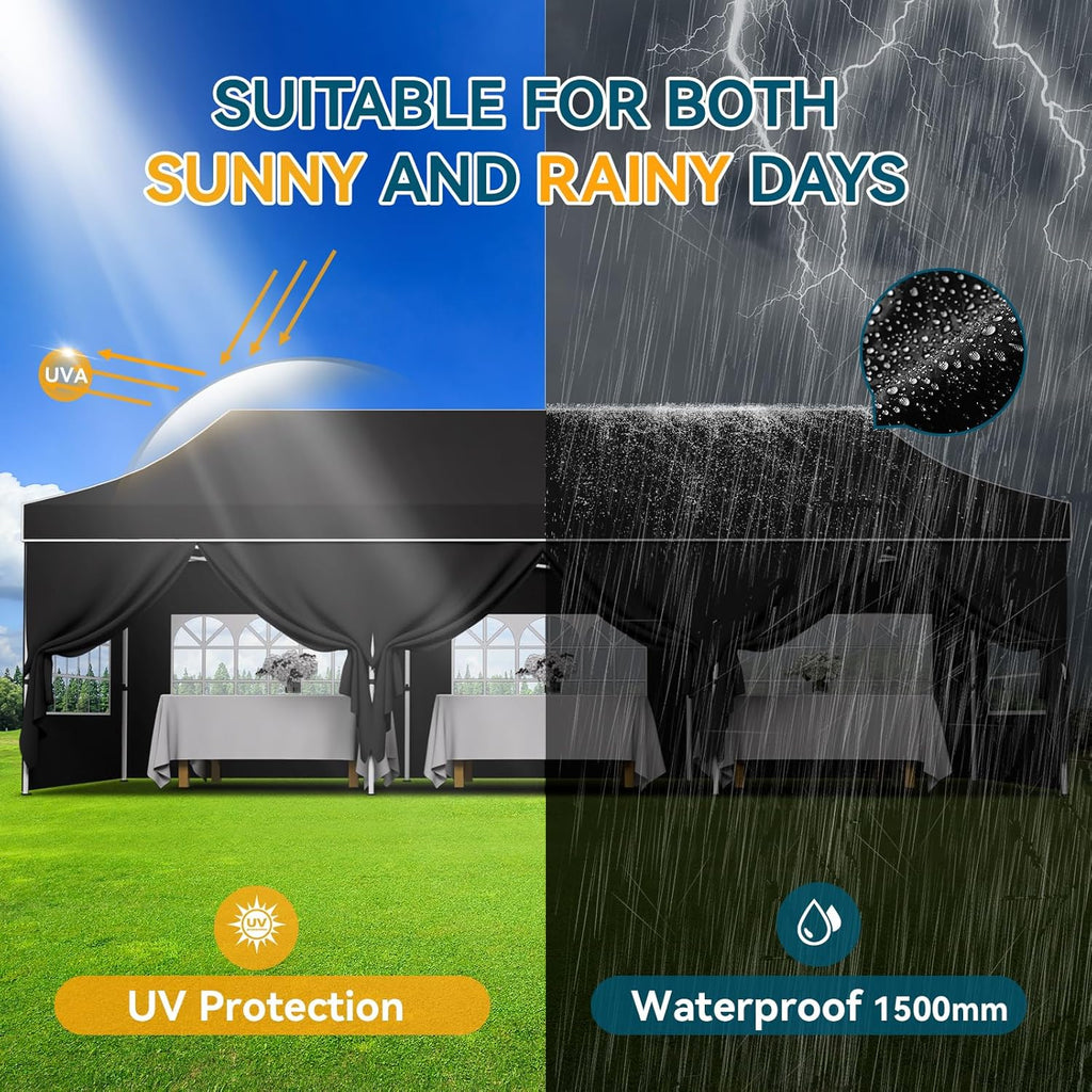 Hoteel 10x30 Pop Up Canopy Tent Heavy Duty with 8 Sidewalls, Waterproof Party Tent, Easy Set-up Commercial Instant Tents with Hand Bag, Rope & Nail, Hexagonal Leg, Black (1-Year Warranty)
