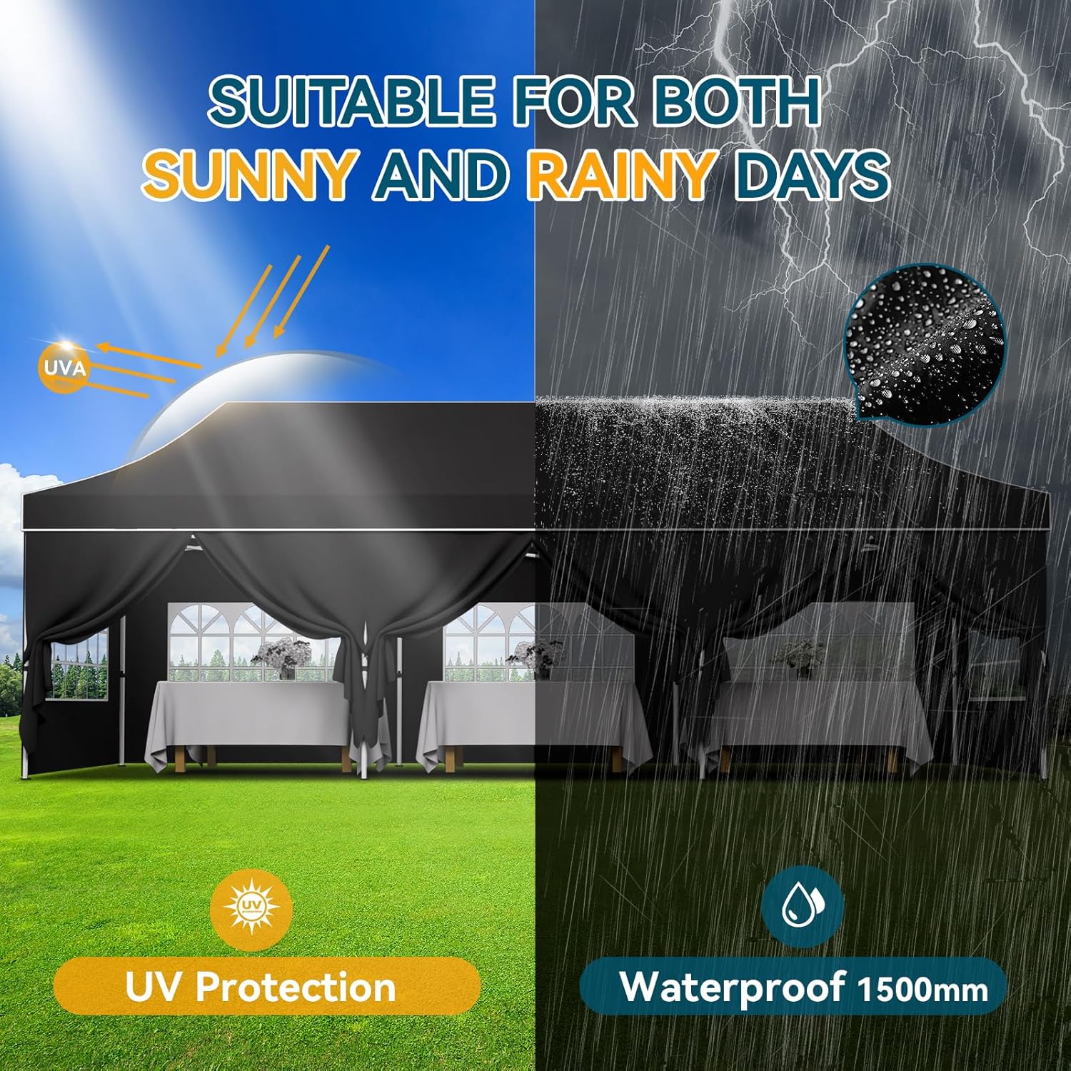 Hoteel 10x30 Pop Up Canopy Tent Heavy Duty with 8 Sidewalls, Waterproof Party Tent, Easy Set-up Commercial Instant Tents with Hand Bag, Rope & Nail, Hexagonal Leg, Black (1-Year Warranty)