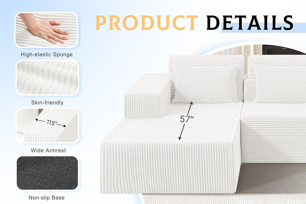Homguava Modular Sectional Couches for Living Room,105' Cloud Couch with L-Shape Chaise,Comfy Sofa Living Room Sofas with Deep Seat,No Assembly L Couch,Corduroy Fabric(Beige,L)