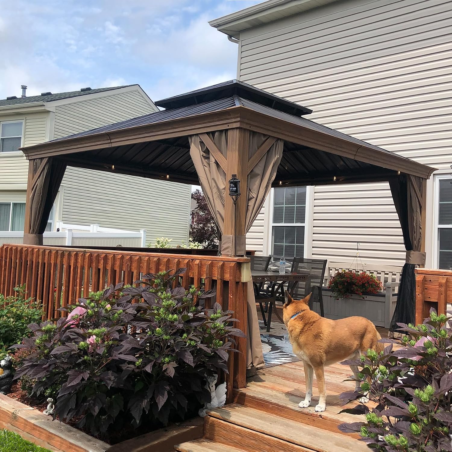 Domi Outdoor Living 12'x12' Hardtop Gazebo, Wooden Coated Aluminum Frame Canopy with Galvanized Steel Double Roof, Outdoor Permanent Metal Pavilion with Curtains and Netting for Patio, Deck and Lawn