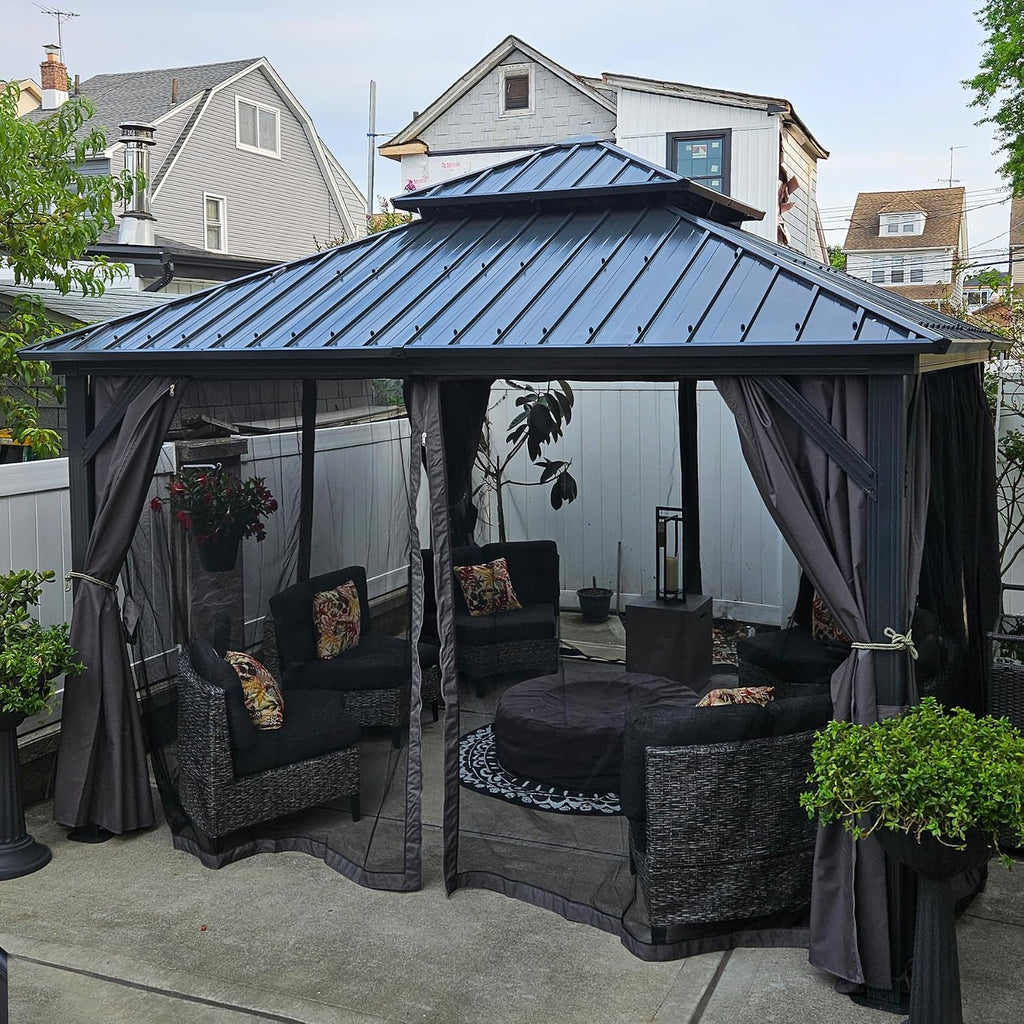 Domi Hardtop Gazebos 10x10FT, Aluminum Metal Gazebo with Galvanized Steel Double Roof Canopy, Curtain and Netting, Permanent Gazebo Pavilion for Patio, Backyard, Deck and Lawn, Grey