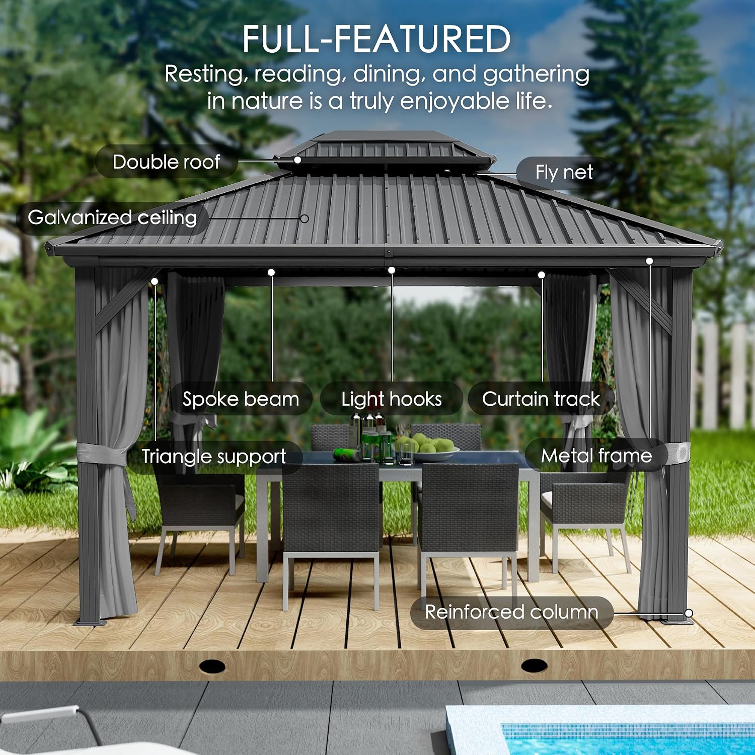 Kozyard Caesar 10'x12' Hardtop Gazebo - Permanent Metal Pavilion with Netting Shaded Curtains for Patio, Backyard, and Deck - Galvanized Steel Outdoor Aluminum Canopy, Double Roof Gazebo (Grey)