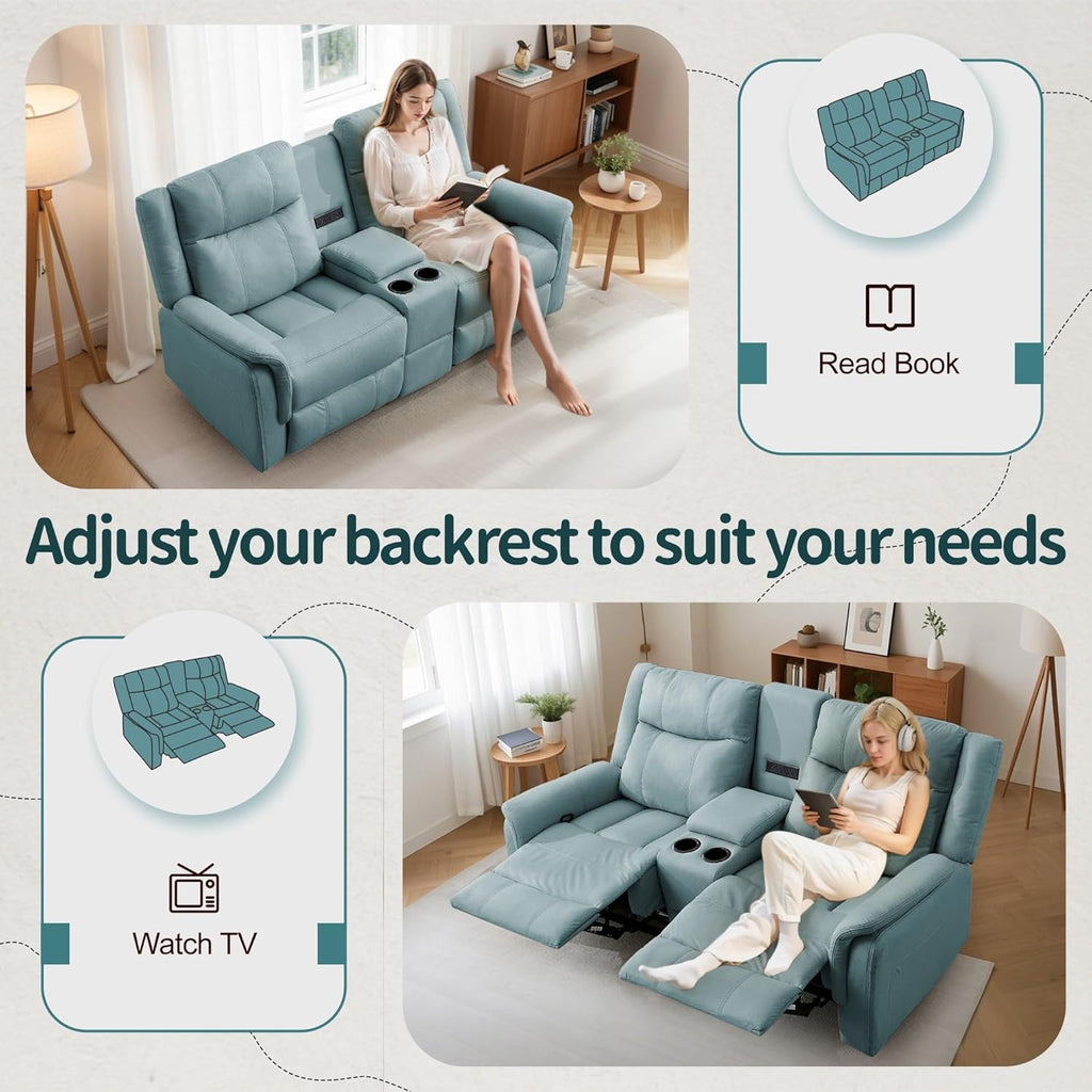 Korser Loveseat Recliner Sofa, Reclining Loveseat Couch, Reclining Couch with Console, USB Port, US Outlets, and Cup Holders, 2-Seater Sofa for Living Room