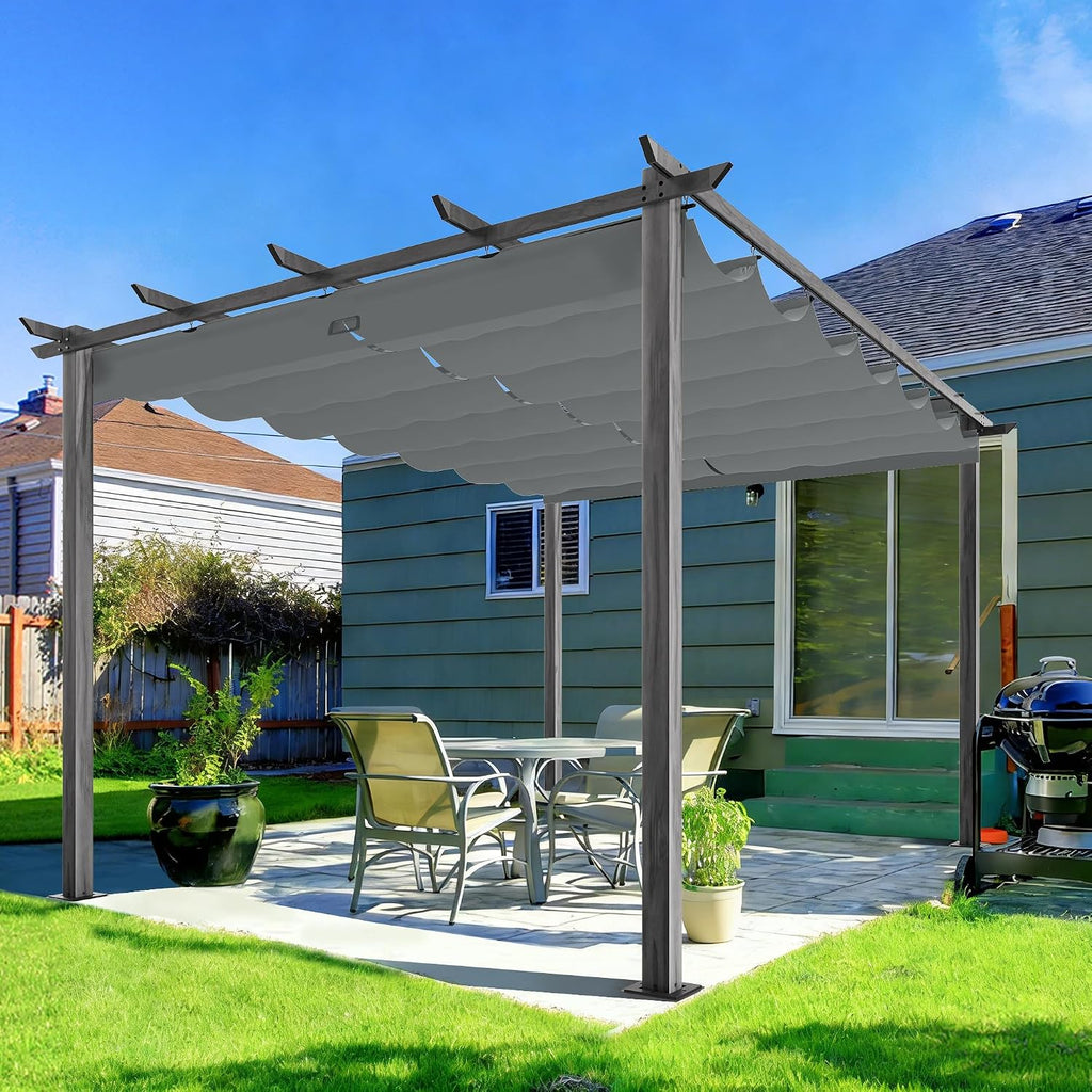 HAPPATIO 10' X 13' Wood-Grain Retractable Pergola with Sun Shade Canopy, Patio Aluminum Frame Shelter for Backyards, Gardens, Porch, Includes Ground Studs and Expansion Screws (Grey)