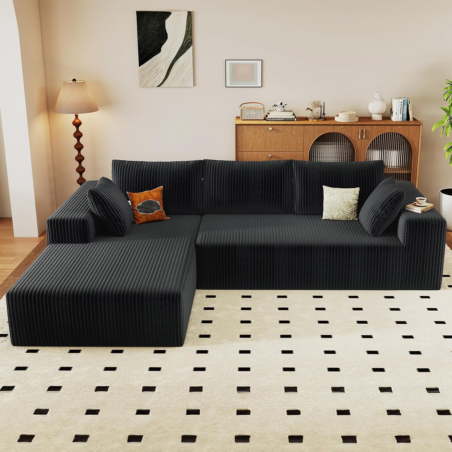 96' Modular Sectional Sofa, Modern Corduroy Cloud Couch with Deep Seat, Boneless Couch Upholstered 3-Seater L-Shaped Sofa for Living Room, No Assembly Required (Black, Left-Facing Chaise)