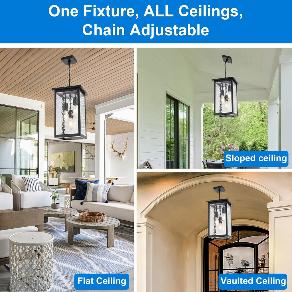 17'' Large Outdoor Pendant Lights for Porch, 3-Lights Matte Black Exterior Hanging Lantern with Hammer Glass, Outdoor Chandelier Ceiling Light Fixture for Patio, Gazebo, Entryway