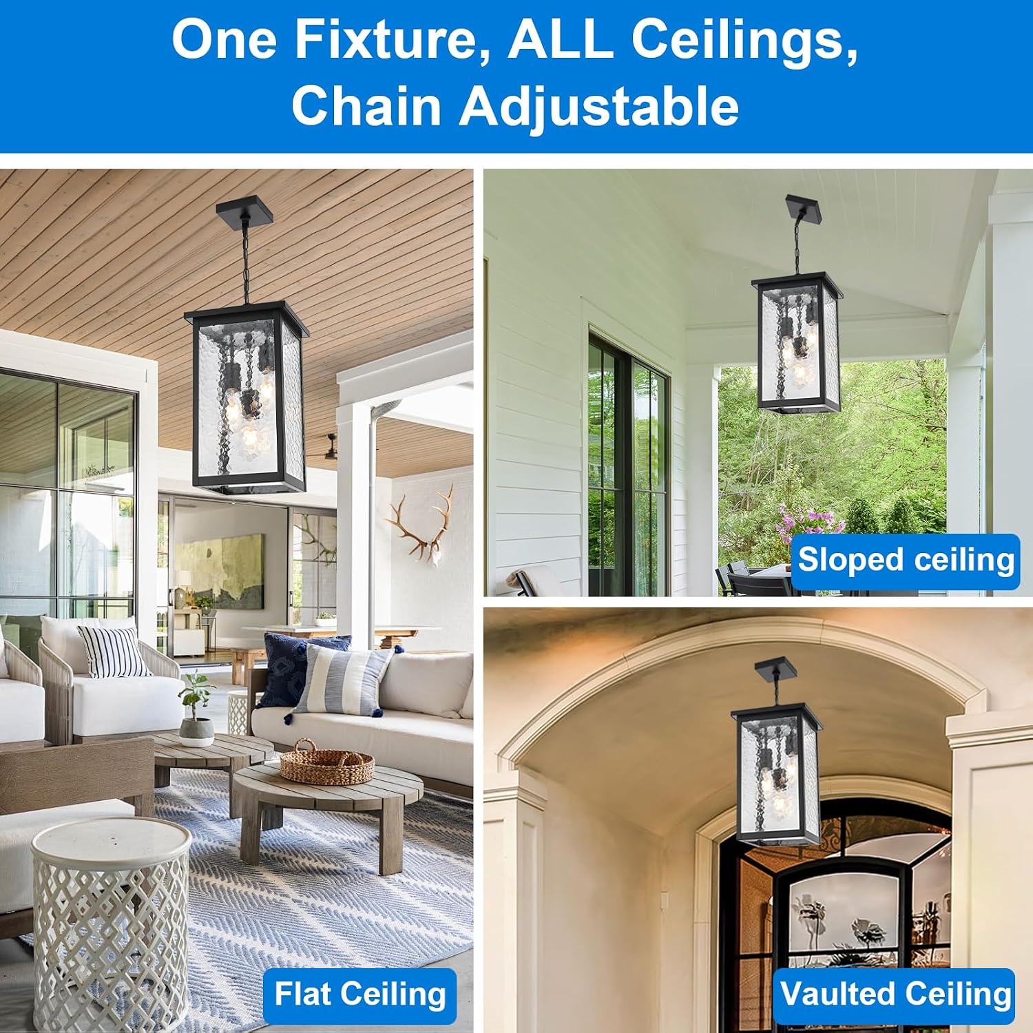17'' Large Outdoor Pendant Lights for Porch, 3-Lights Matte Black Exterior Hanging Lantern with Hammer Glass, Outdoor Chandelier Ceiling Light Fixture for Patio, Gazebo, Entryway