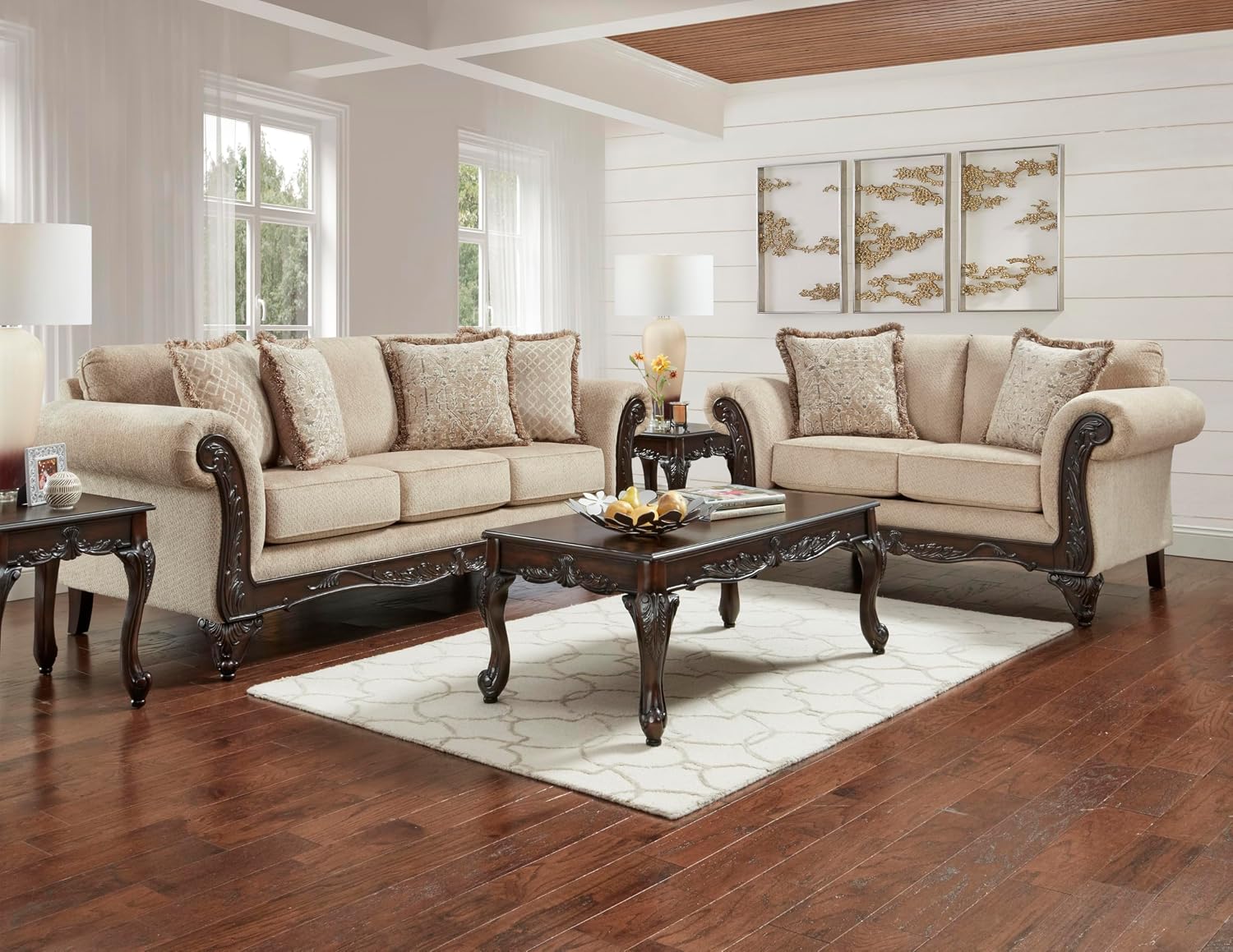 Hernen Carved Wood Frame 5-Piece Living Room Set, Beige Wheat