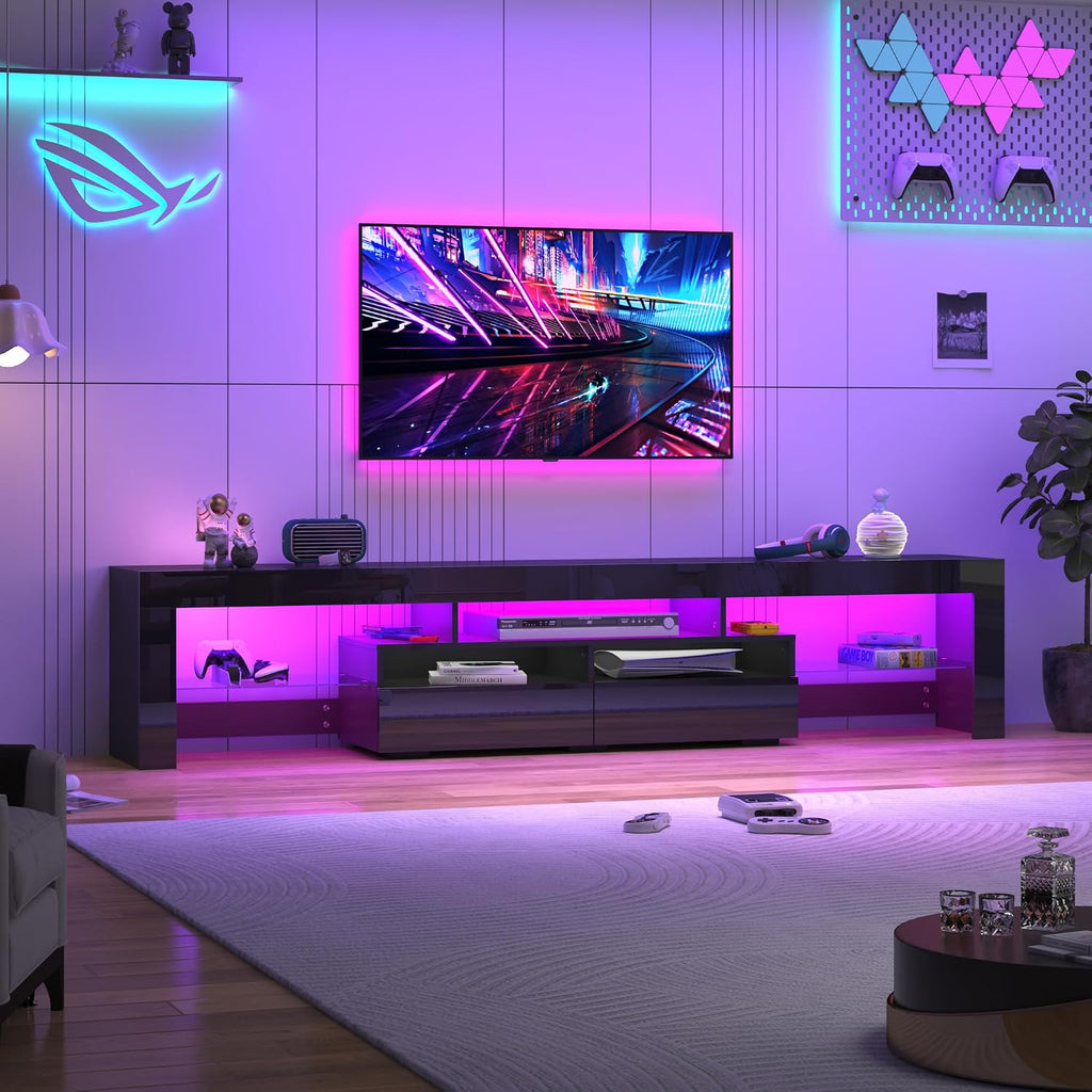 Uspeedy 86.6in TV Stands for 85/90/95 inch TV,Modern LED TV Stand for Living Room,Black TV Stands,High Gloss TV Entertainment Center with Storage Drawer,APP RGB Light