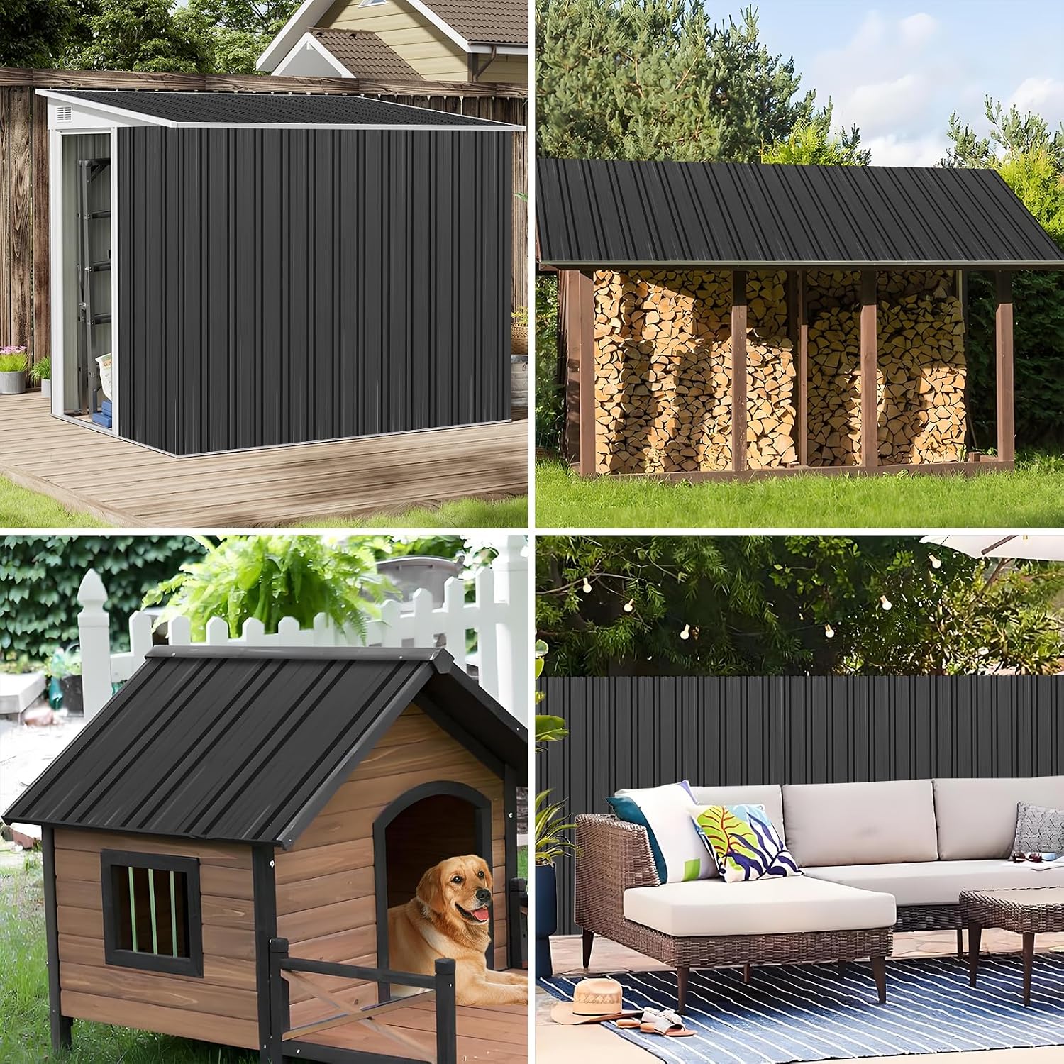Metal Roof Panels - 10 Pcs Corrugated Pergola Roofing Panels Heavy Duty Waterproof Tin Roofing Materials for Shed Gazebo Patio Garages 42.52x17.7in, Black