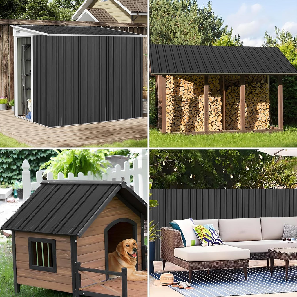 Metal Roof Panels - 10 Pcs Corrugated Pergola Heavy Duty Waterproof Tin Roofing Materials for Shed Gazebo Patio Garages 60.6x17.7in, Black, Galvanized Steel