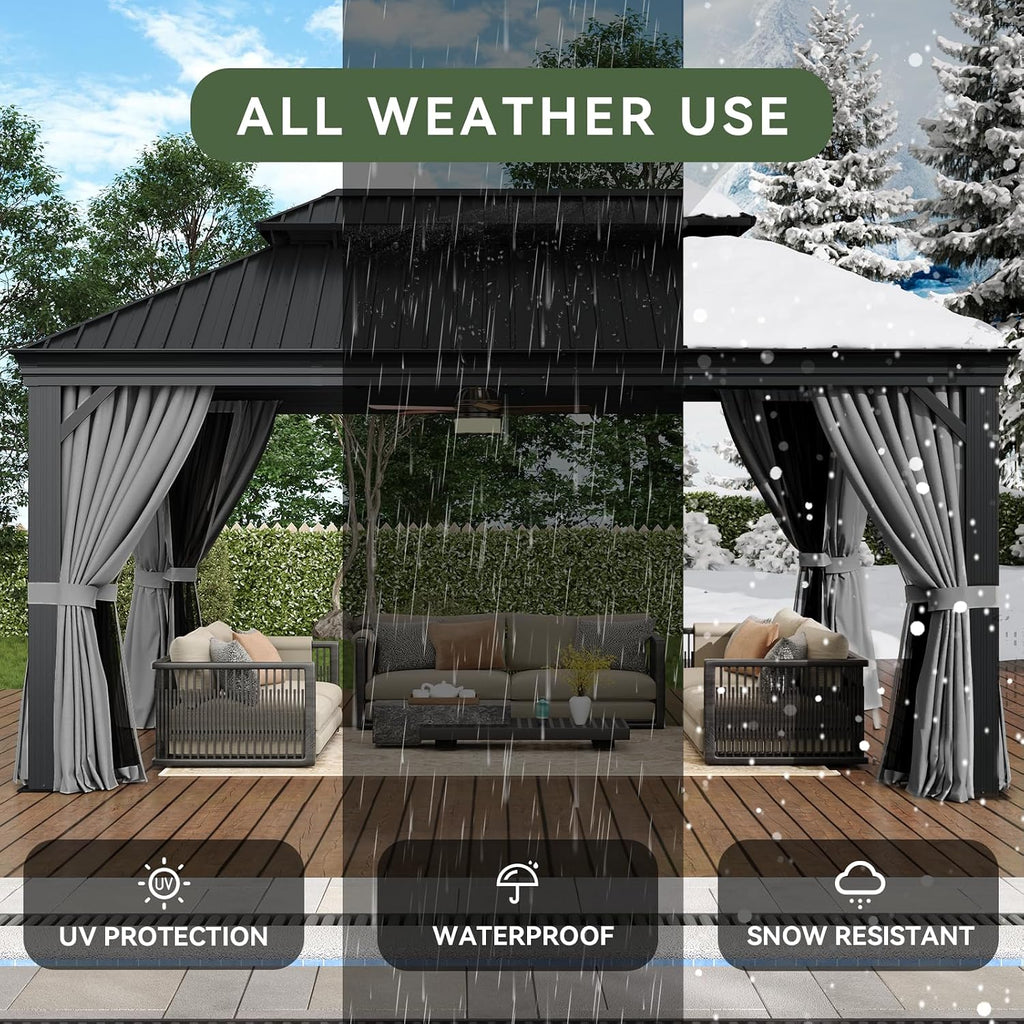 Aoxun Hardtop Gazebo 12x16 with Gutter, Upgraded Wider Aluminum Outdoor Gazebo with Galvanized Steel Double Roof, Patio Permanent Metal Pavilion with Netting and Privacy Curtain