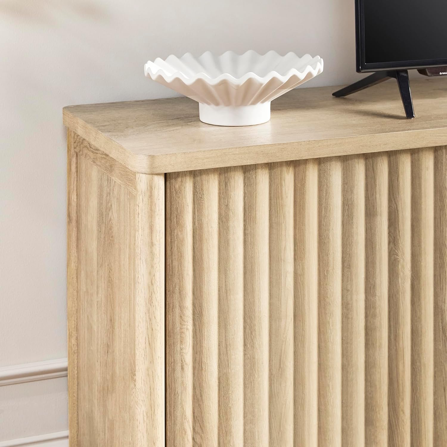 Walker Edison Scandinavian Reeded TV Stand with Open Storage for up to 80' TV Coastal Oak