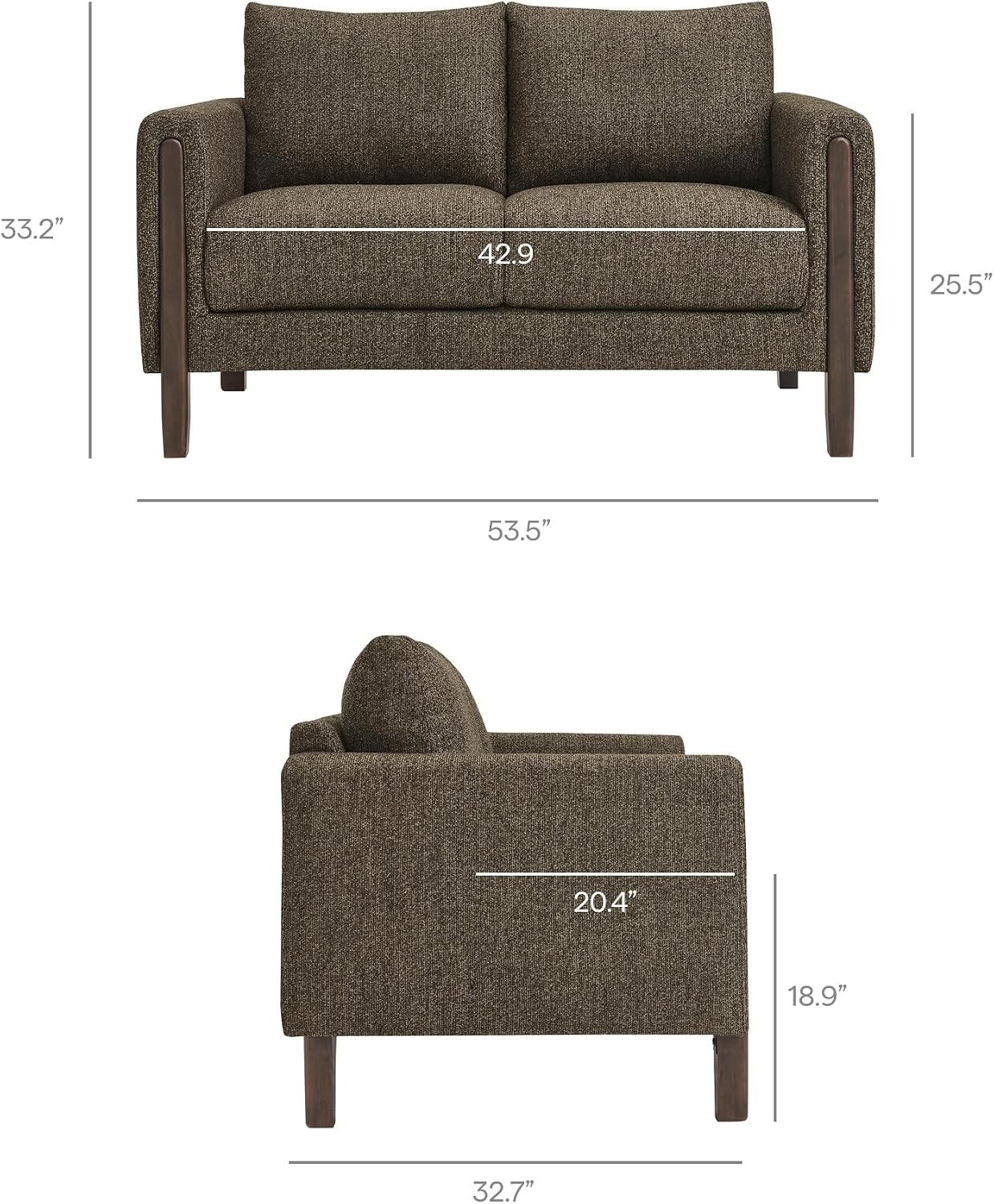 Modway Hawken 54 Inch Boucle Loveseat in Antique Espresso with Wood Legs – Mid-Century Modern Small Space 2-Seater Sofa for Living Room, Bedroom, or Office Lounge