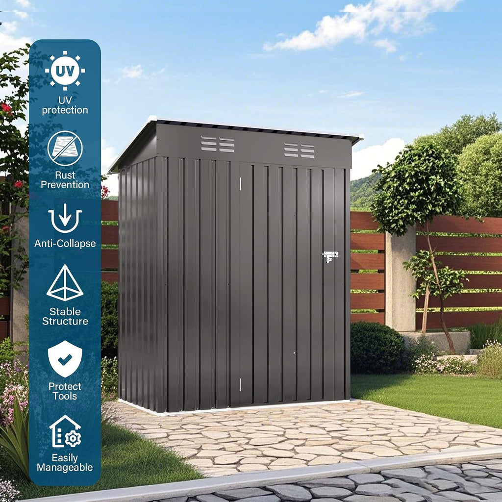 5x3 FT Metal Outdoor Storage Shed, Compact Garden Tool Organizer with Pitched Roof and Lockable Door, Weather-Resistant Small Metal Shed for Backyard, Patio, Balcony and Bike Storage, Gray